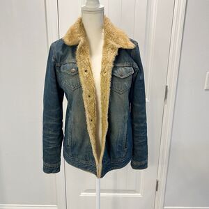 Cole B Country Denim Quilt Lined Faux Fur Trim Jacket Women's Size Medium Blue